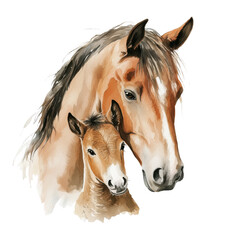 Obraz premium Mother horse gently touches her foal. Mom with baby. Isolated element with transparent background. Cute watercolor illustration for Mother's Day. Greeting card, poster, print, 