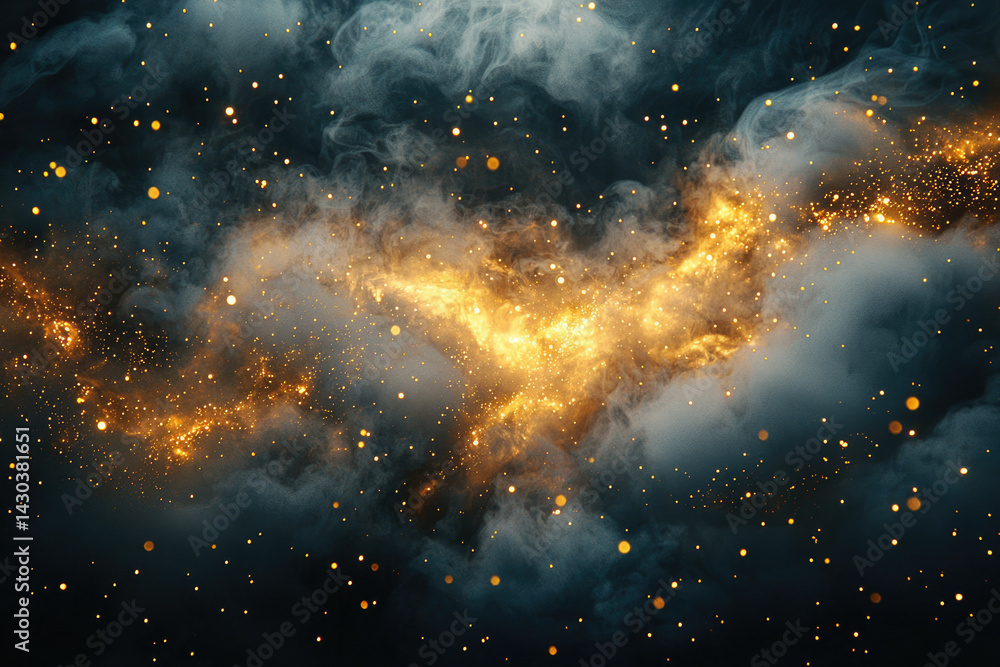 Aufkleber a captivating, ethereal scene with golden light illuminating swirling smoke and sparkling dots again