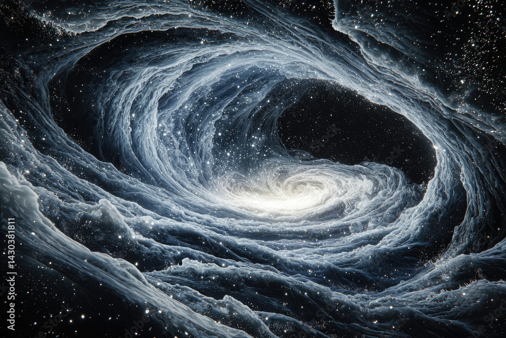 Poster a swirling, cosmic vortex of textured clouds and stardust leads to a bright, central source of light