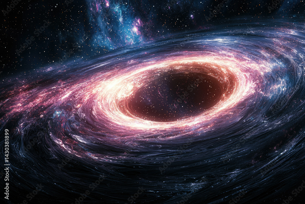 Poster a breathtaking digital rendering of a galactic black hole with swirling nebulae and radiant light su