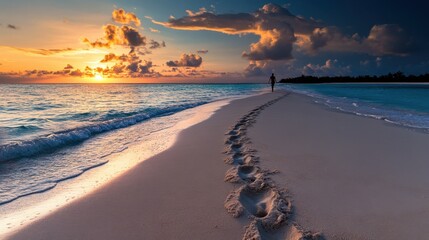 Beachside serenity as the sun dips below the ocean and a person walks calmly along the sand