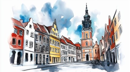 Fototapeta premium Riga Old Town. Riga Old Town hand drawn watercolor illustration