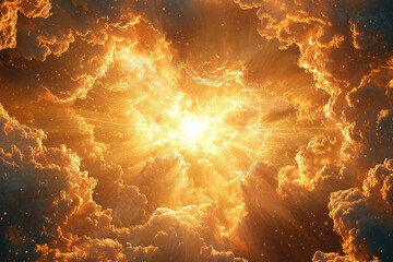 A celestial golden radiance emerges from the clouds, illuminating the scene with warmth, creating a heavenly, ethereal atmosphere.
