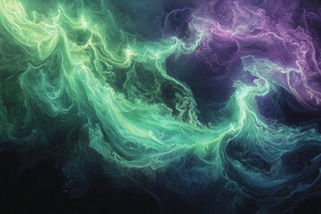 Obraz premium A swirling cosmic cloudscape featuring vibrant shades of green, purple, and blue, resembling a nebula in deep space.