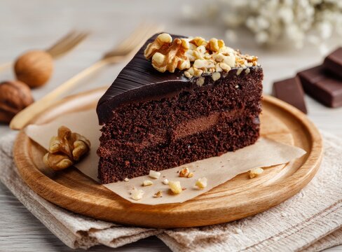 Chocolate Cake Slice with Walnut on Wooden Plate