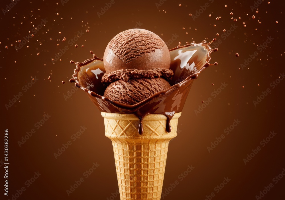 Poster chocolate ice cream cone with splash on a brown background in a studio shot close up