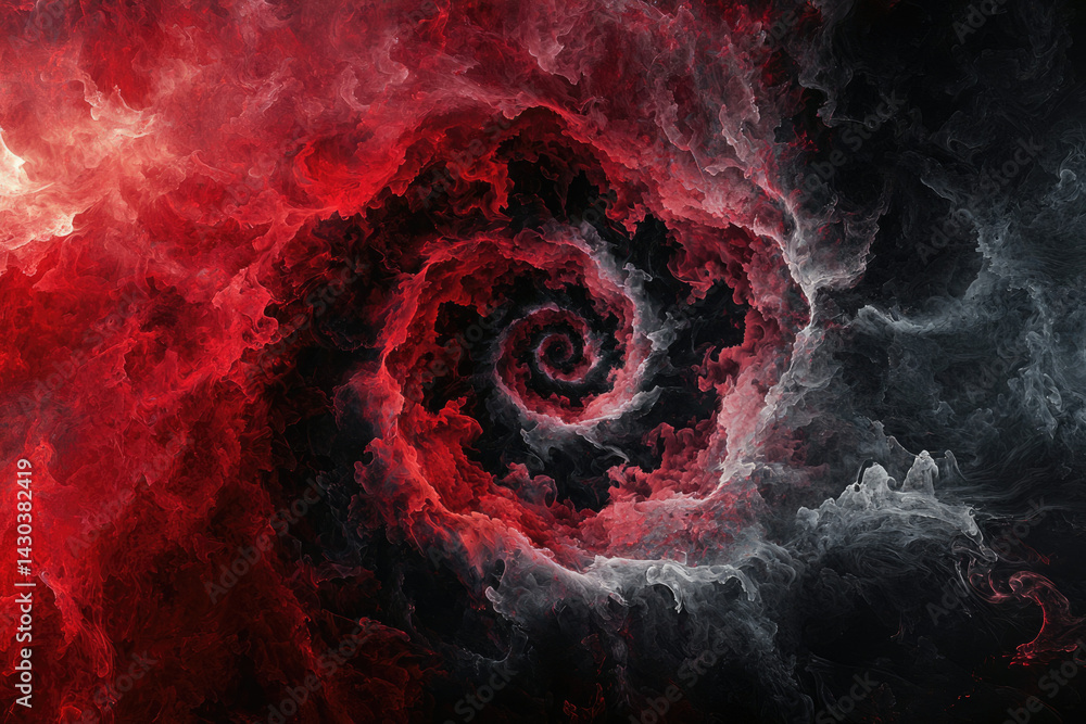Aufkleber A swirling vortex of red and gray clouds, spiraling into an abstract cosmic dimension with a dark and ethereal feel.