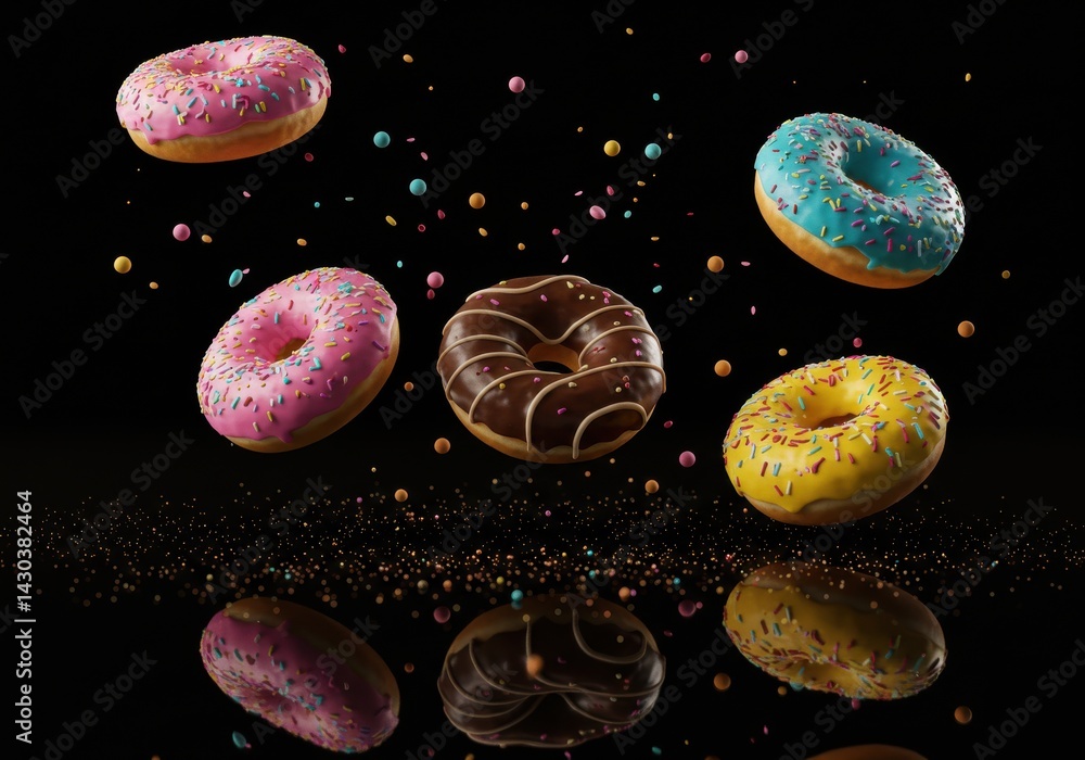 Poster assorted donuts with colorful sprinkles floating against a dark background with reflections below