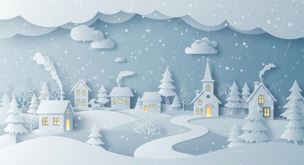 Snowy village paper cut winter scene