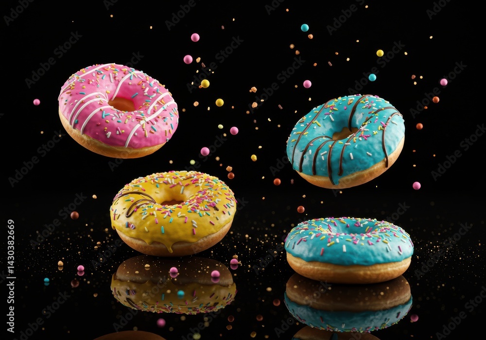 Poster assorted donuts with colorful icing and sprinkles floating against a black background with reflectio