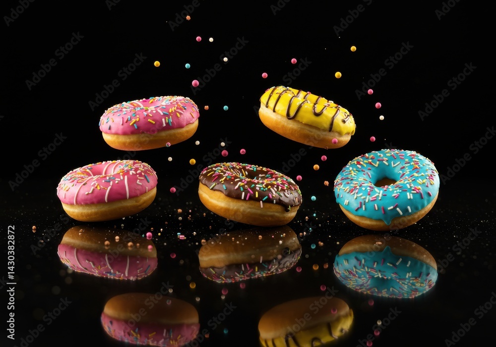 Poster assorted donuts with colorful sprinkles floating on a reflective black surface creating a vibrant di