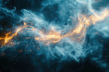 Obraz premium A stunning nebula with blue smoke and bright yellow light, amidst a scattering of stars in the dark cosmos.