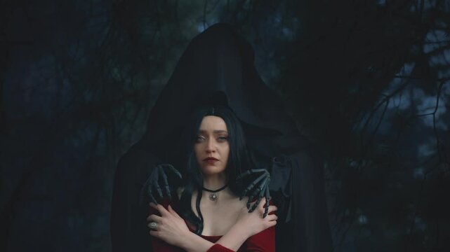 Fairy tale Gothic scared girl in the arms of death, monster nightmare stands behind scares touches victim in night dark foggy forest trees fog. Fantasy Woman red old style dress. Black hair sexy face