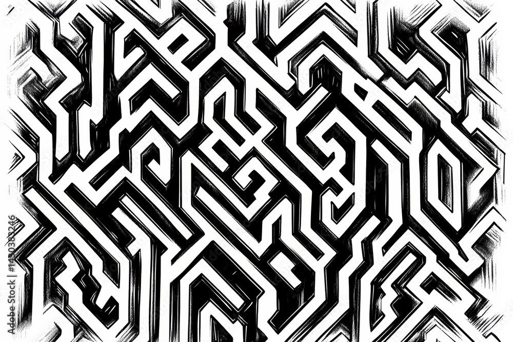 Poster intricate black and white maze illustrating complex paths and high contrast design for puzzlers and 