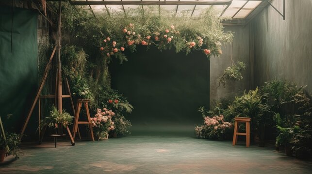 Rustic botanical studio, floral archway