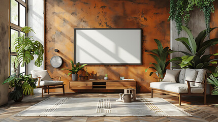 Modern living room with a large blank TV screen, stylish furniture, and vibrant plants