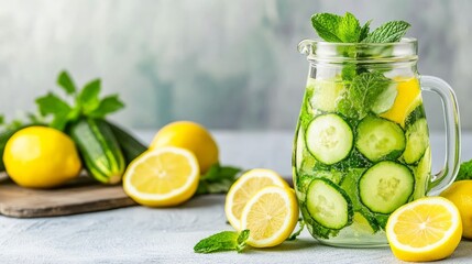 Refreshing cucumber lemon mint water in glass jug, detox hydration drink, summer refreshment, healthy lifestyle, wellness concept