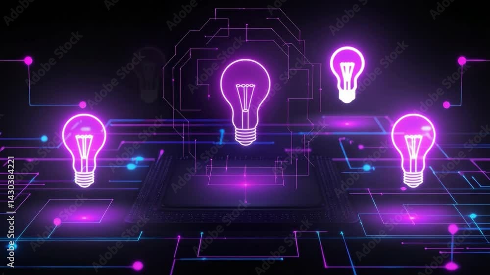 Poster glowing light bulb surrounded by digital circuitry and neon lines in a dark background