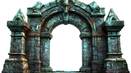 Ancient Stone Archway with Intricate Carvings and Skull Accent