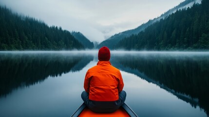 Caucasian male enjoying tranquil lake view from kayak, outdoor adventure travel, serene nature exploration, Independence Day getaway