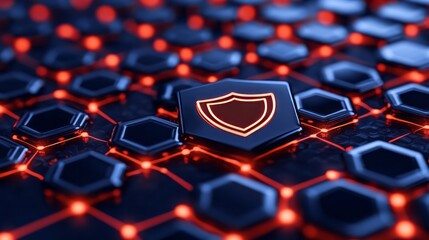 Fototapeta premium Glowing shield icon on digital hexagon network, cybersecurity technology, data protection, virtual security theme, futuristic graphic design