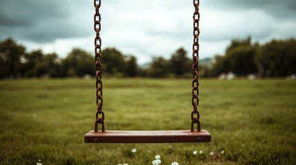 Empty swing in green park under cloudy sky, symbolizing childhood nostalgia and relaxation on National Play Outside Day