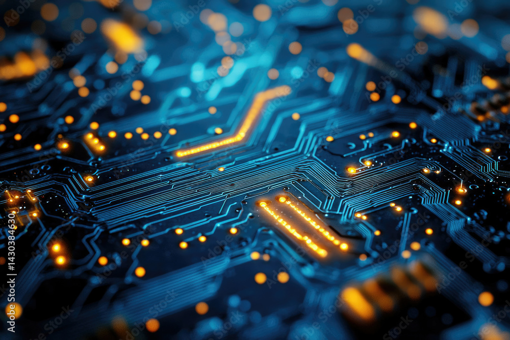 Poster A detailed close-up of a blue circuit board with glowing orange connection points illustrating technology and electronic networks in a modern and abstract style.