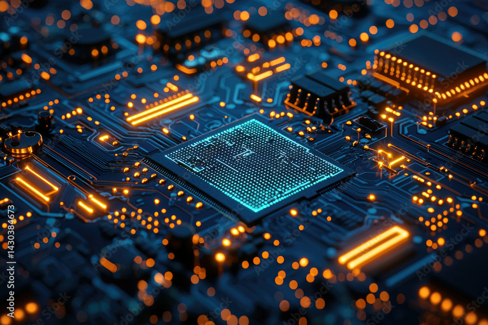 Aufkleber A detailed and artistic close-up of a glowing circuit board with intricate pathways and components signifying high-tech innovation and technological advancement.