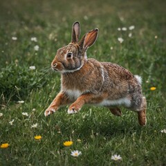 Fototapeta premium Rabbit Leaping Across a Blooming Meadow