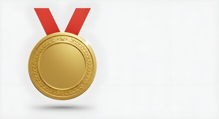 Gold winner medal with red ribbon, Award Emblem on White Background