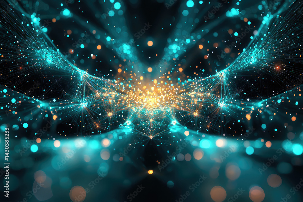 Poster abstract network of interconnected nodes and glowing particles in blue and gold, suggesting technolo