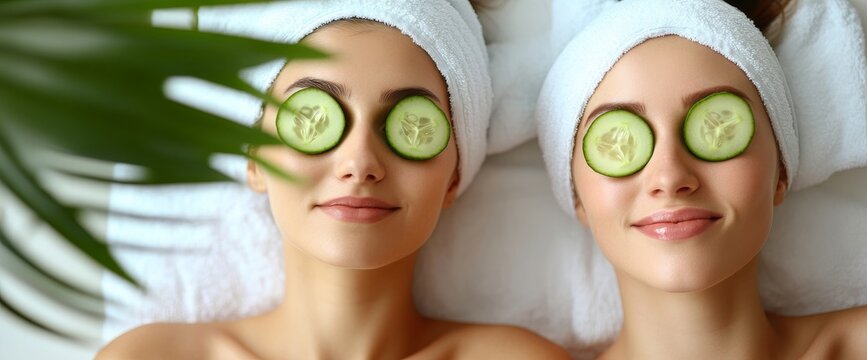 Two girls create their own face and hair beauty treatments at home, utilizing cucumbers to refresh the skin around their eyes, as they prioritize maintaining youthful complexions and share laughter