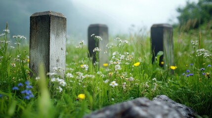 Faded landmine markers stand amid a lush field of wildflowers, peaceful yet ominous