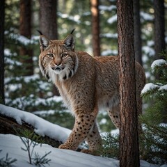 Fototapeta premium Lynx Walking Stealthily Through Pine Trees
