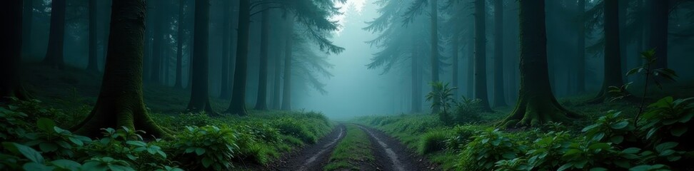 Obraz premium Faint trail disappears into dense, dark forest shrouded in mist , dark, serene