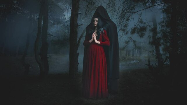 Fairy tale Gothic scared girl in the arms of death, monster nightmare stands behind scares touches victim in night dark foggy forest trees fog. Fantasy Woman red old style dress. Black hair sexy face