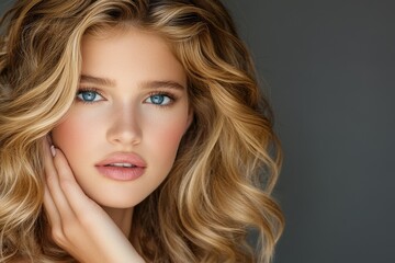 Fototapeta premium A pretty young woman with curly blonde hair and blue eyes is shown in a closeup, wearing no makeup, as she touches her skin while standing bare-shouldered in front of a grey studio background