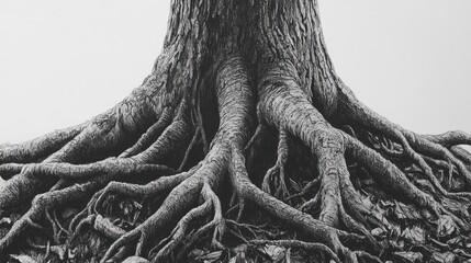 A monochrome view of a sprawling tree's root system.