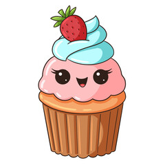 Kawaii dessert illustration. Happy cupcake