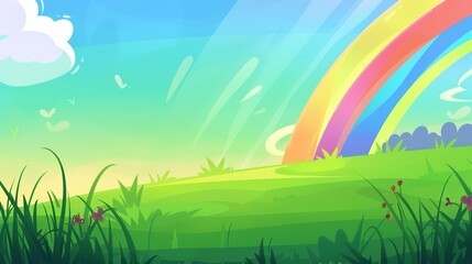 Fototapeta premium Step into a Magical Realm with Our Enchanting Rainbow Green Grassland Backgrounds! These captivating visuals blend the lush vibrancy of green grasslands with the mesmerizing colors of a rainbow, creat