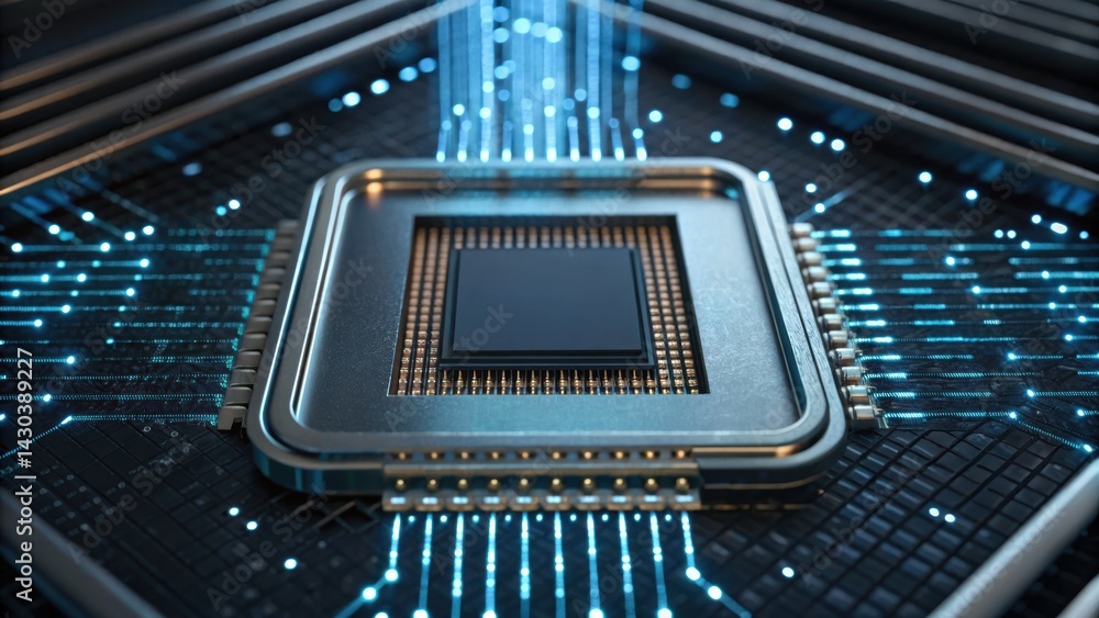 Poster close-up of a modern computer chip with intricate circuitry and glowing connections, showcasing adva