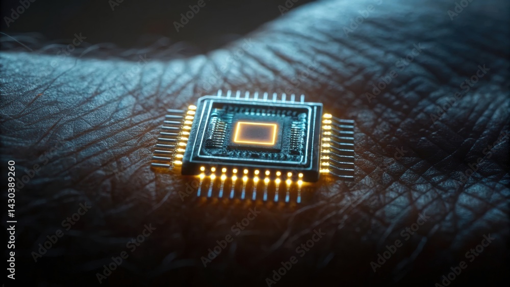 Poster a microchip is embedded in a person's skin, showcasing a fusion of technology and humanity on a text