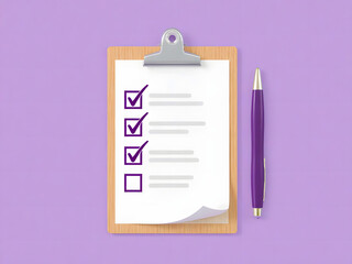 A pen rests on a blank checklist document clipped to a board, signifying an office form needing a check mark