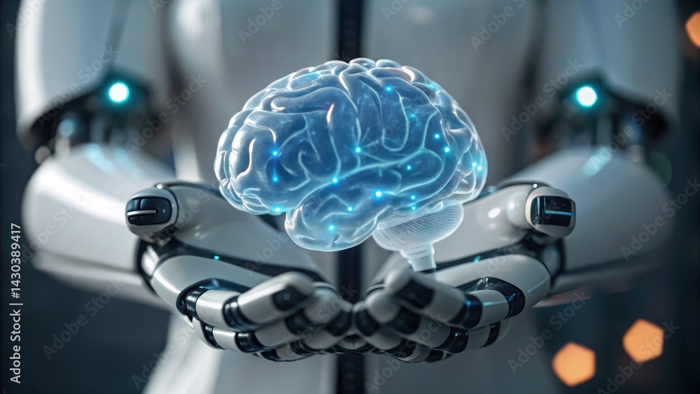 Poster a robotic hand holds a glowing, transparent brain, symbolizing the connection between technology and