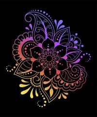 Colorful floral pattern for Mehndi and Henna drawing. Hand-draw lotus flower symbol. Decoration in ethnic oriental, Indian style. Rainbow design on white background. Outline vector illustration.