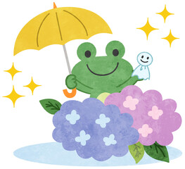 梅雨の紫陽花とカエルのアイコンイラスト