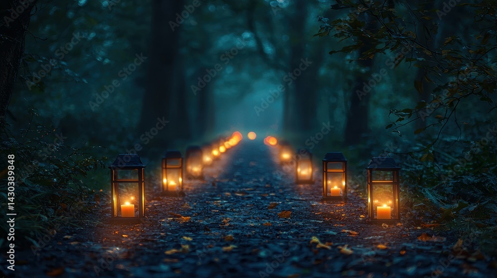 Poster a serene evening path illuminated by glowing lanterns in a mystical forest.