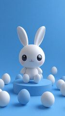 Obraz premium A cute white rabbit is sitting on a blue surface with a bunch of white eggs around it. The scene is playful and whimsical, with the rabbit being the main focus of the image
