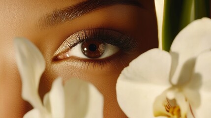 In a salon setting, the concept of beauty care for the skin and face is illustrated by a portrait of a beautiful young Caucasian woman with green eyes and a bouquet of white flowers