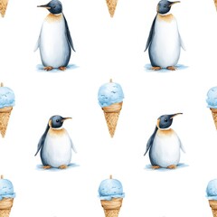 Fototapeta premium Seamless repeat pattern featuring hand-painted penguins in watercolor style, with ice cream cones and fish popsicles, icy blue and white tones, isolated on white background, coastal escape vibe,